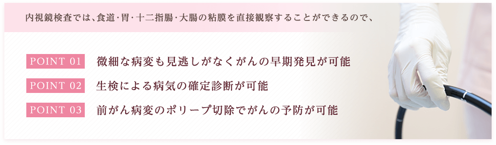 内視鏡検査では、食道・胃・十二指腸・大腸の粘膜を直接観察することができるので、POINT01 微細な病変も見逃しがなくがんの早期発見が可能 POINT02 生検による病気の確定診断が可能 POINT03 前がん病変のポリープ切除でがんの予防が可能